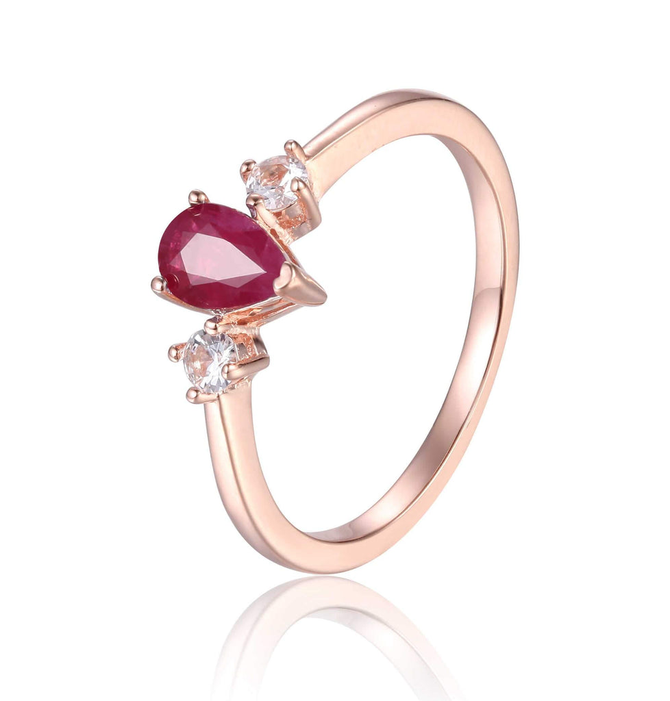 Rose Gold Plated Three Stone Teardrop Genuine Ruby Ring