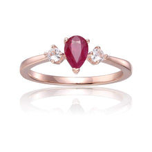Load image into Gallery viewer, Rose Gold Plated Three Stone Teardrop Genuine Ruby Ring