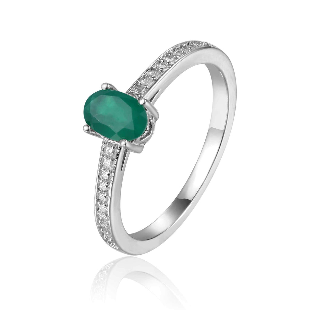Sterling Silver Oval Shaped Genuine Green Emerald Solitaire Ring