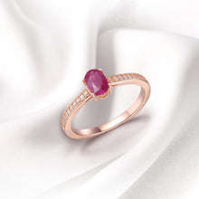 Load image into Gallery viewer, Genuine Ruby Solitaire Engagement Ring with Moissanite Accents in Rose Gold Plated Sterling Silver - FineColorJewels